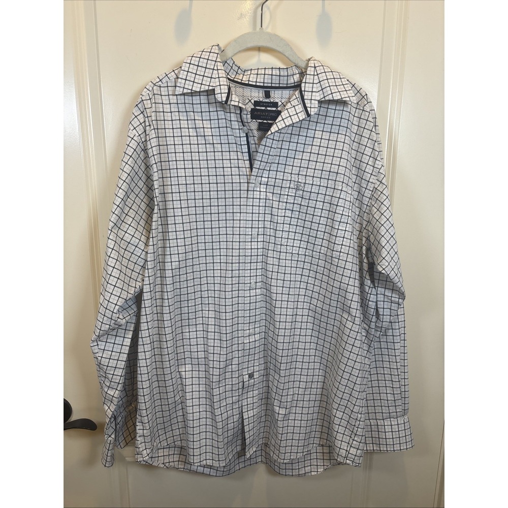 ARIAT Pro Series Stretch Men Shirt Size Large White Plaid Long Sleeve Western